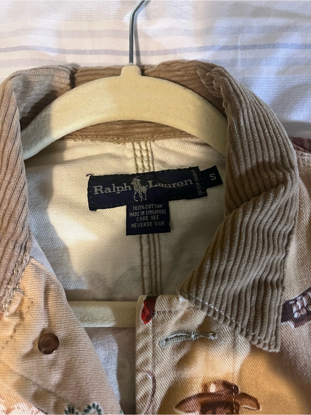 Rare Vintage Ralph Lauren Tan Western Rodeo Print Corduroy-Collar Jean Jacket - Picture 3 of 8